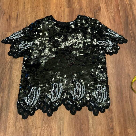 Oleg Cassini 100% Silk Sequins Evening Blouse Top Black - Picture 6 of 8